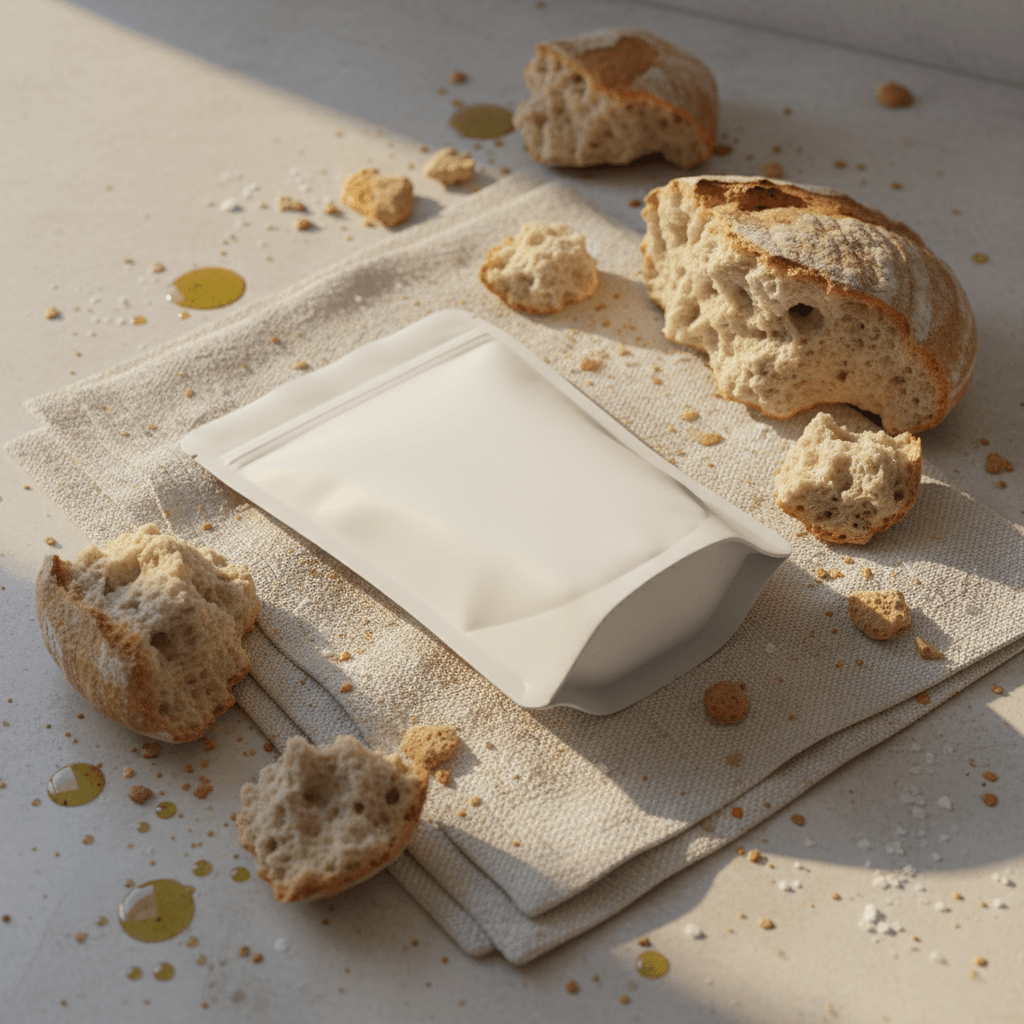 Crumbs on Linen Pouch AI product photo prompt