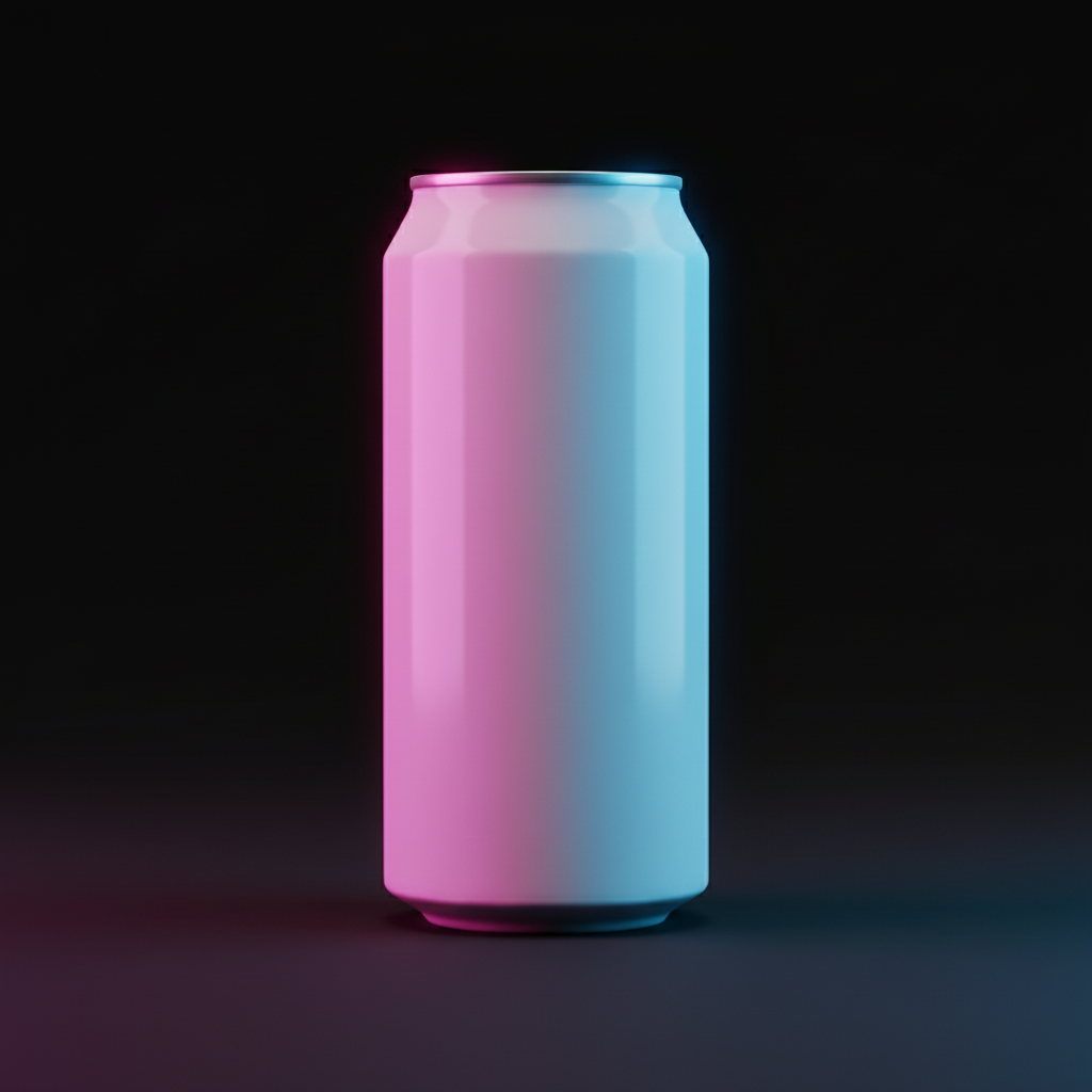 Pink & Blue Cyber Can AI product photo prompt